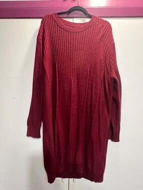 SHEIN Burgundy Ribbed Crewneck Sweater Dress